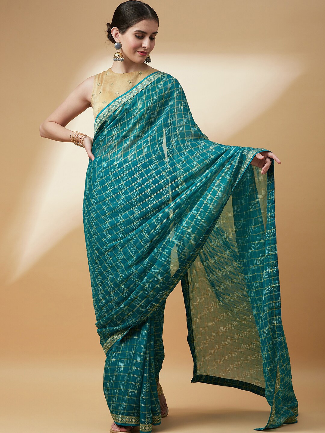 

Anouk Green & Gold-Toned Geometric Printed Bandhani Saree