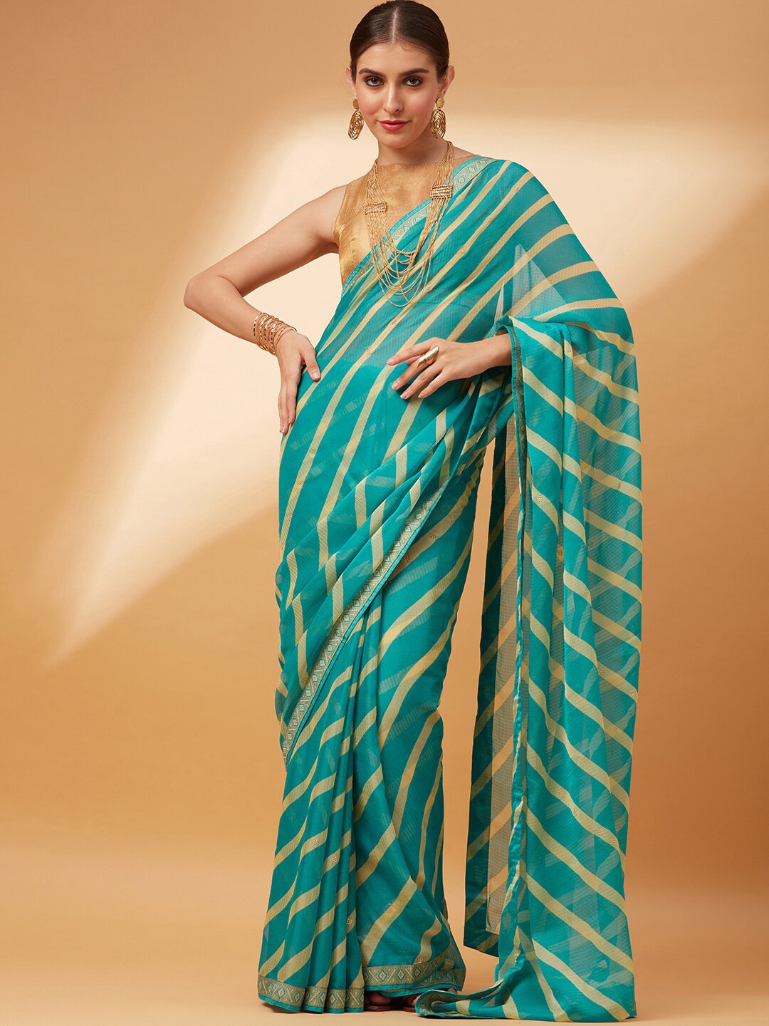 

Anouk Leheriya Printed Zari Pure Chiffon Leheriya Saree, Green