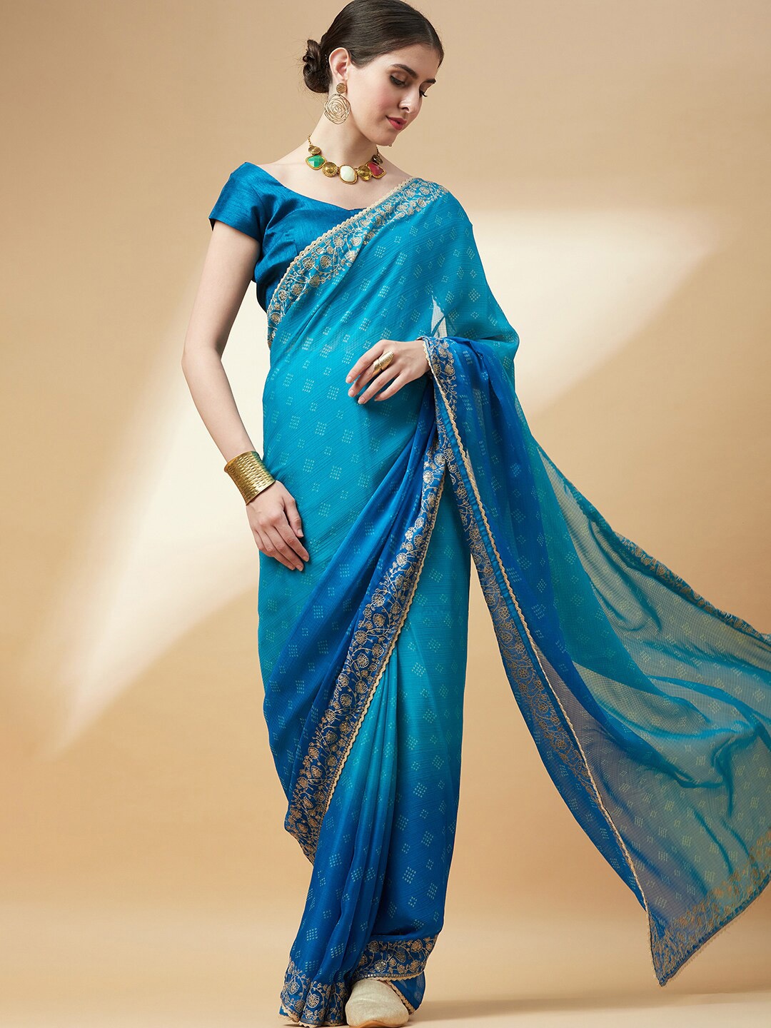 

Anouk Pure Chiffon Bandhani Saree, Turquoise blue