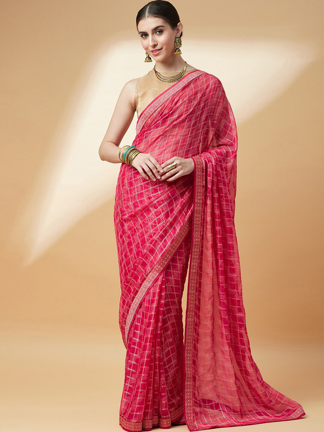 

Anouk Pink & White Geometric Printed Zari Bandhani Saree