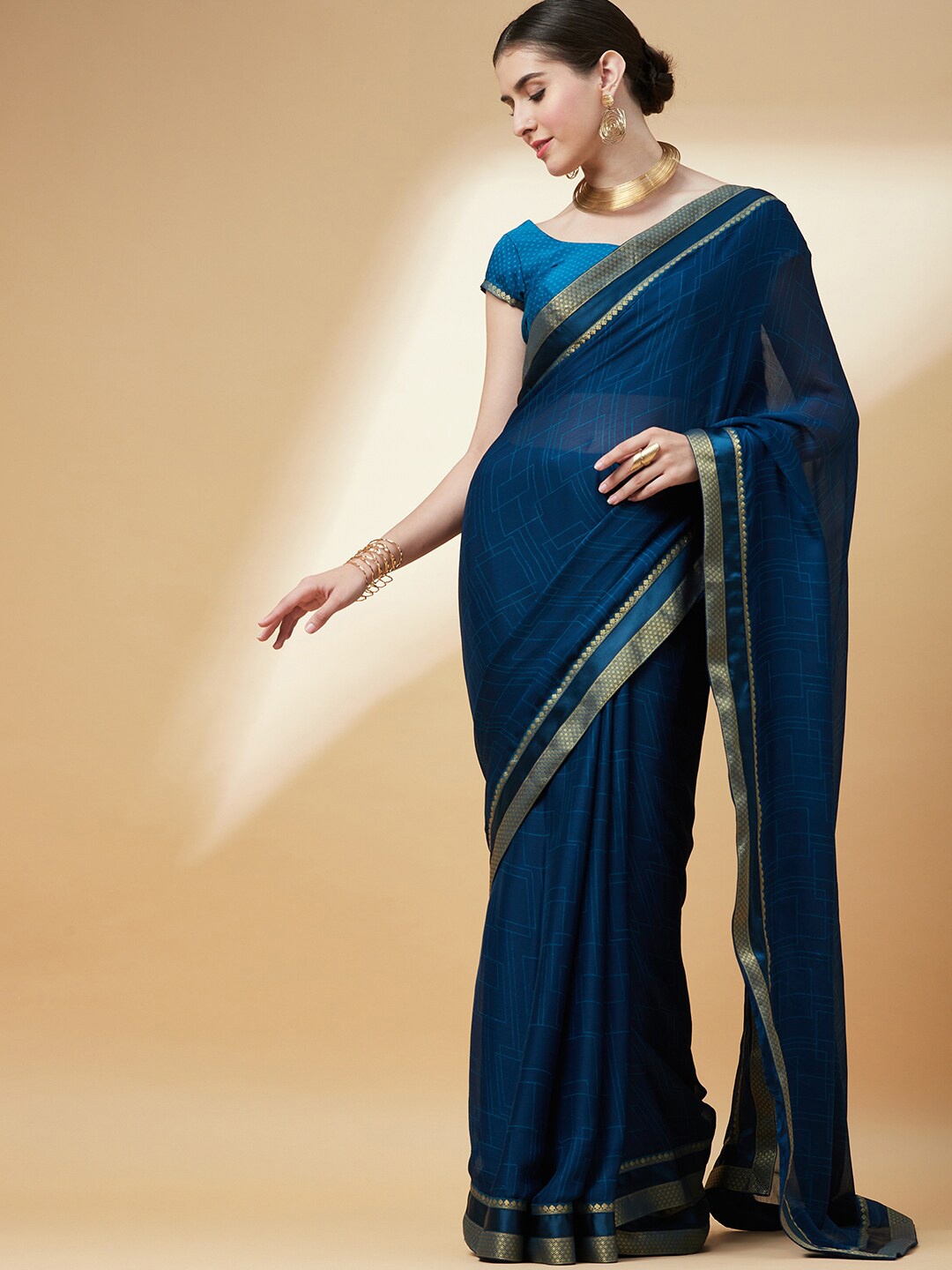 

Anouk Printed Pure Chiffon Bandhani Saree, Blue