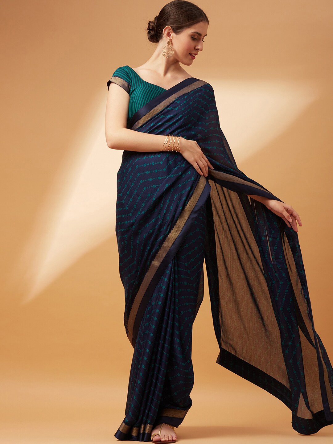 

Anouk Printed Zari Pure Chiffon Bandhani Saree, Blue