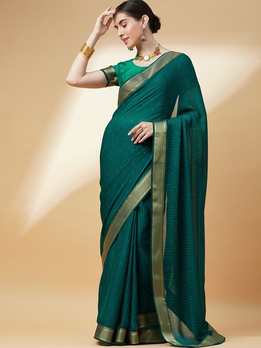 

Anouk Striped Pure Chiffon Zari Bandhani Saree, Green