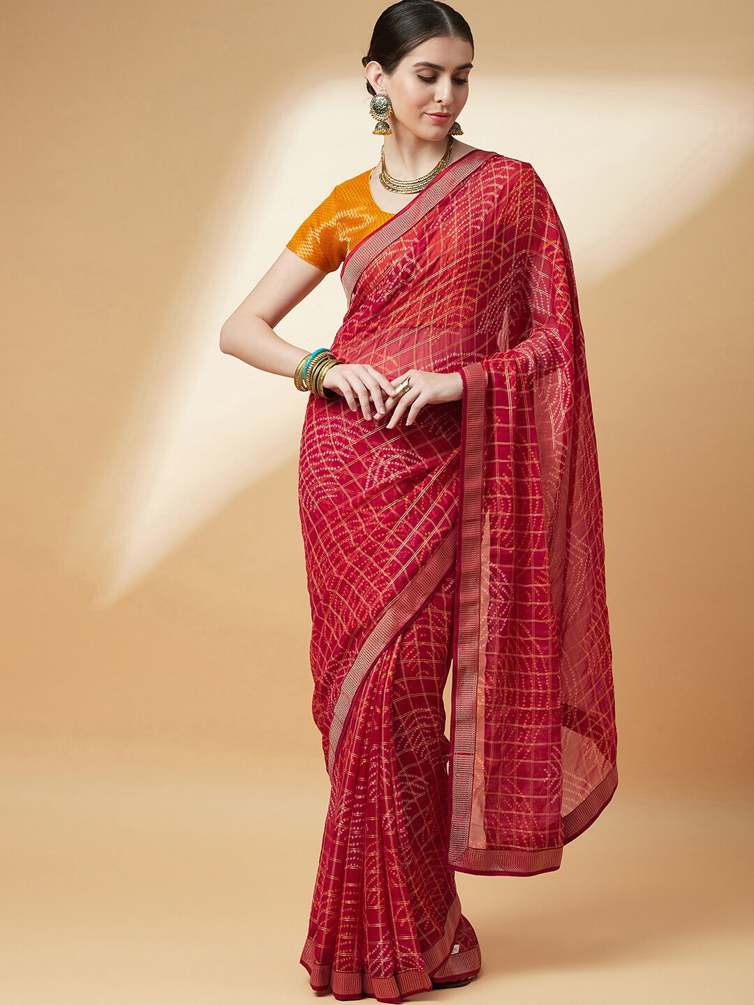 

Anouk Bandhani Printed Zari Pure Chiffon Bandhani Saree, Red