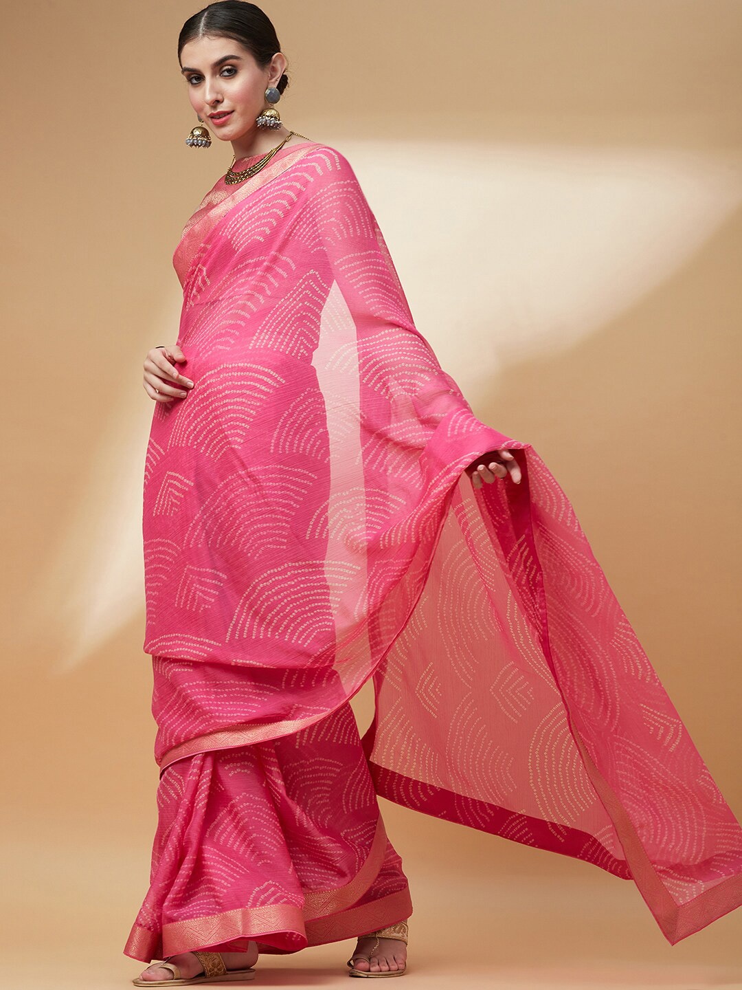 

Anouk Bandhani Printed Zari Pure Chiffon Bandhani Saree, Pink