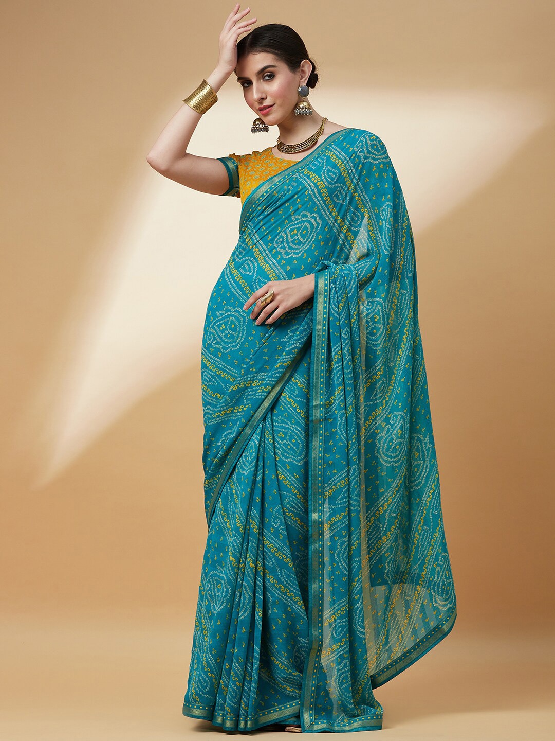 

Anouk Bandhani Printed Pure Chiffon Bandhani Saree, Turquoise blue