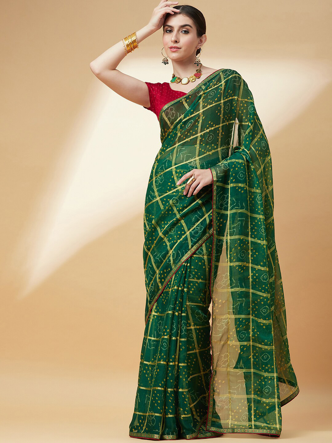 

Anouk Printed Pure Chiffon Bandhani Saree, Green
