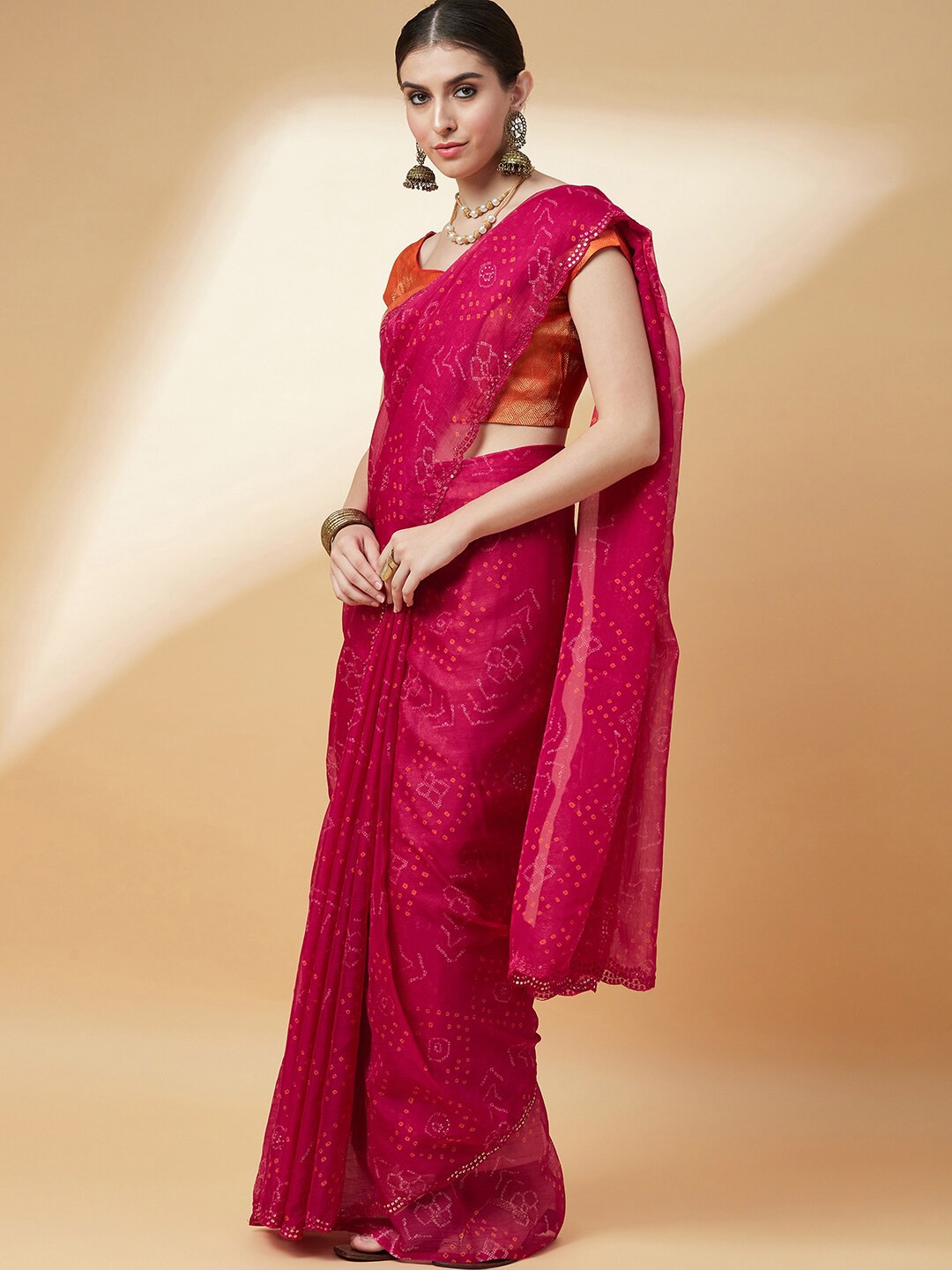 

Anouk Bandhani Printed Pure Chiffon Bandhani Saree, Pink