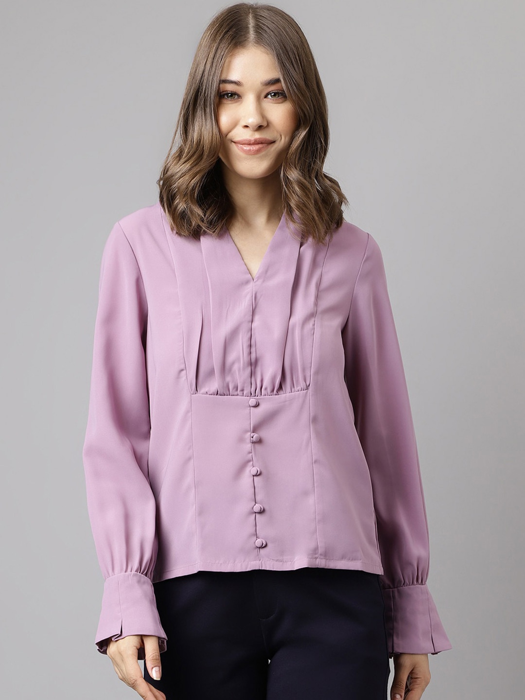 

Latin Quarters V-Neck Cuffed Sleeve Gathered or Pleated Top, Lavender