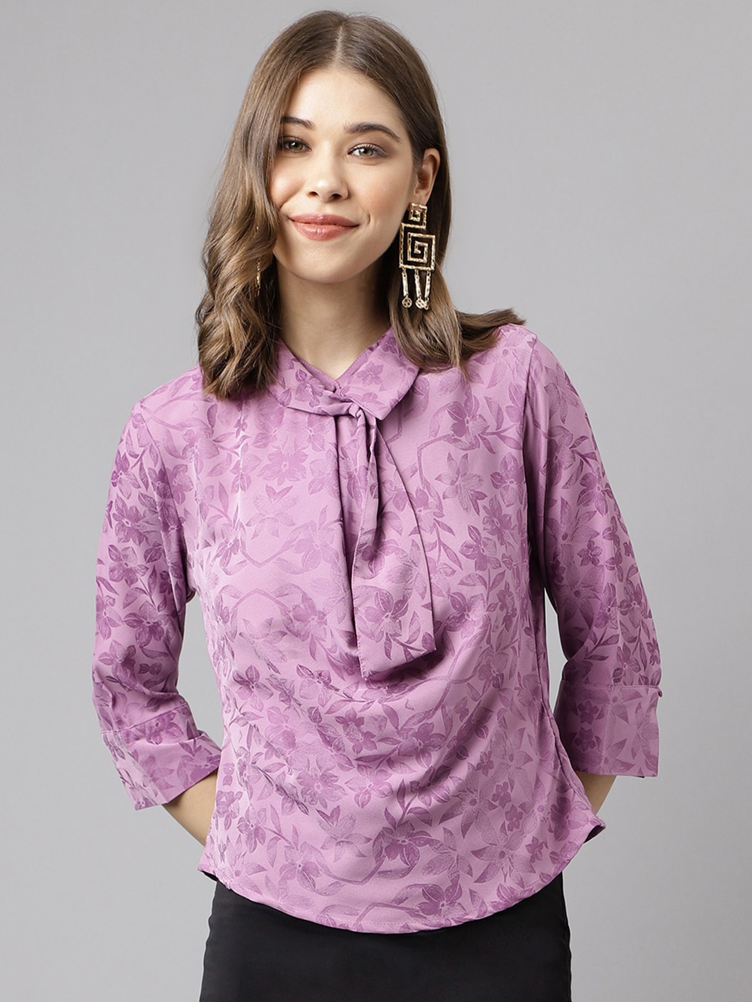 

Latin Quarters Floral Printed Tie-Up Neck Top, Lavender