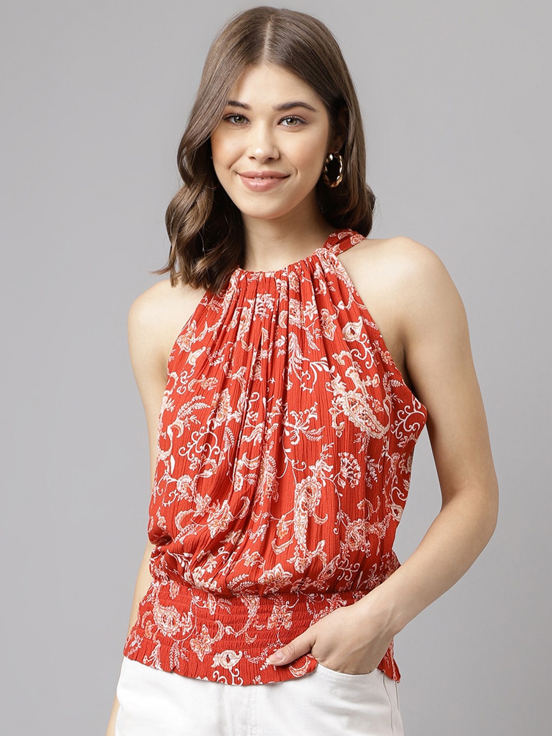 

Latin Quarters Red Floral Print Tie-Up Neck Sleeveless Gathered or Pleated Top