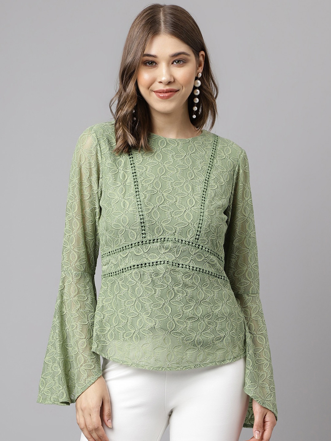 Latin Quarters Self Design Round Neck Bell Sleeve Cut Out Top, Green