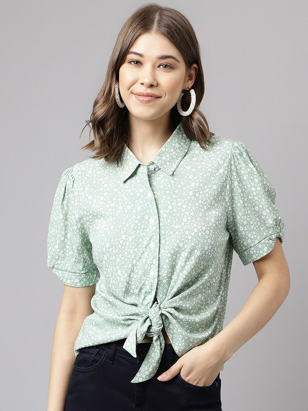 

Latin Quarters Floral Printed Puff Sleeves Shirt Style Top, Green