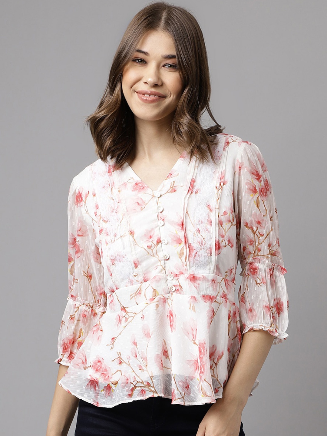 

Latin Quarters Floral Printed Bell Sleeves Lace-Up Peplum Top, White