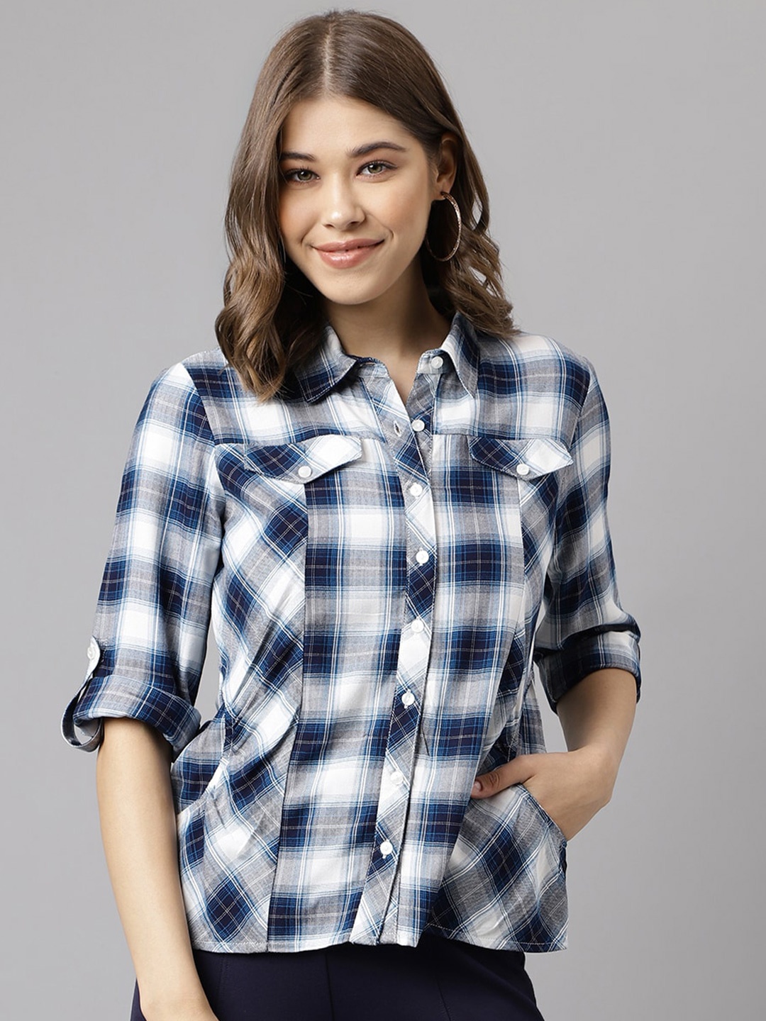 

Latin Quarters Checked Roll-Up Sleeves Shirt Style Top, Teal