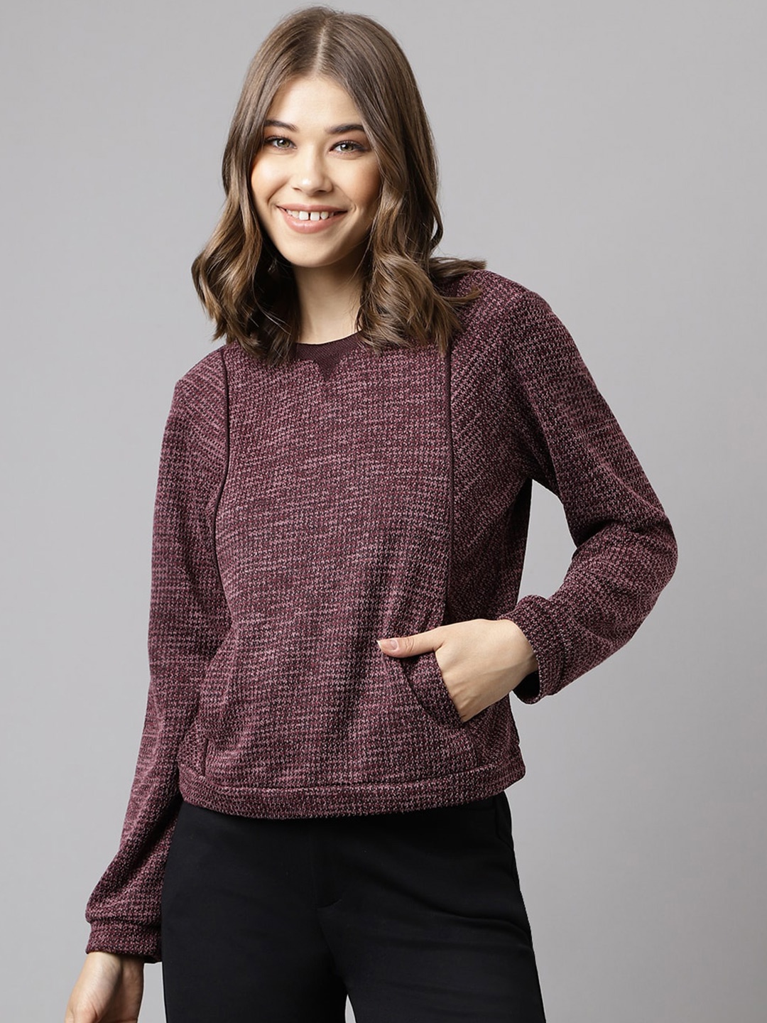 Latin Quarters Round Neck Long Sleeves Regular Top, Purple