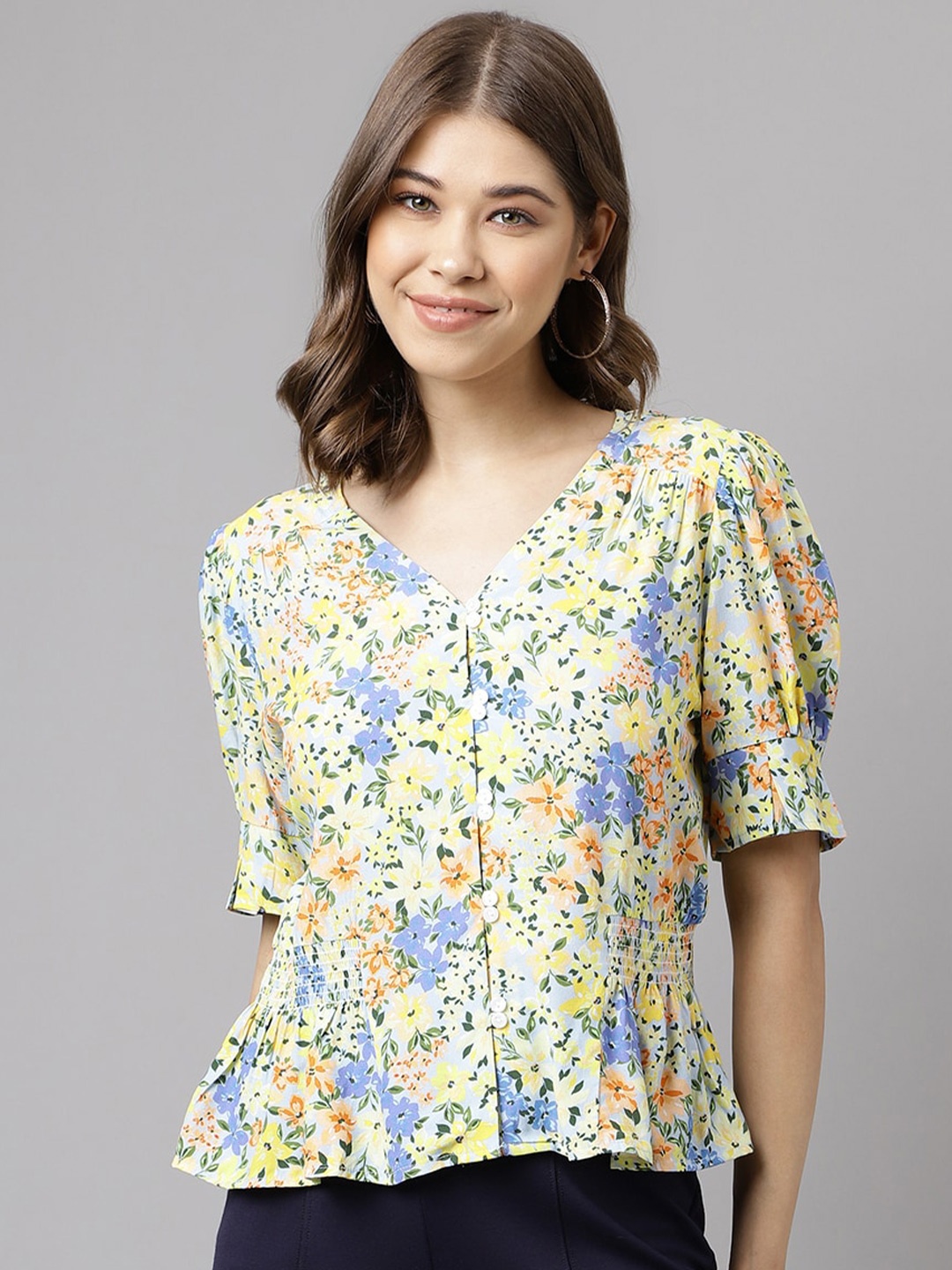 

Latin Quarters Floral Printed Puff Sleeves Peplum Top, Yellow