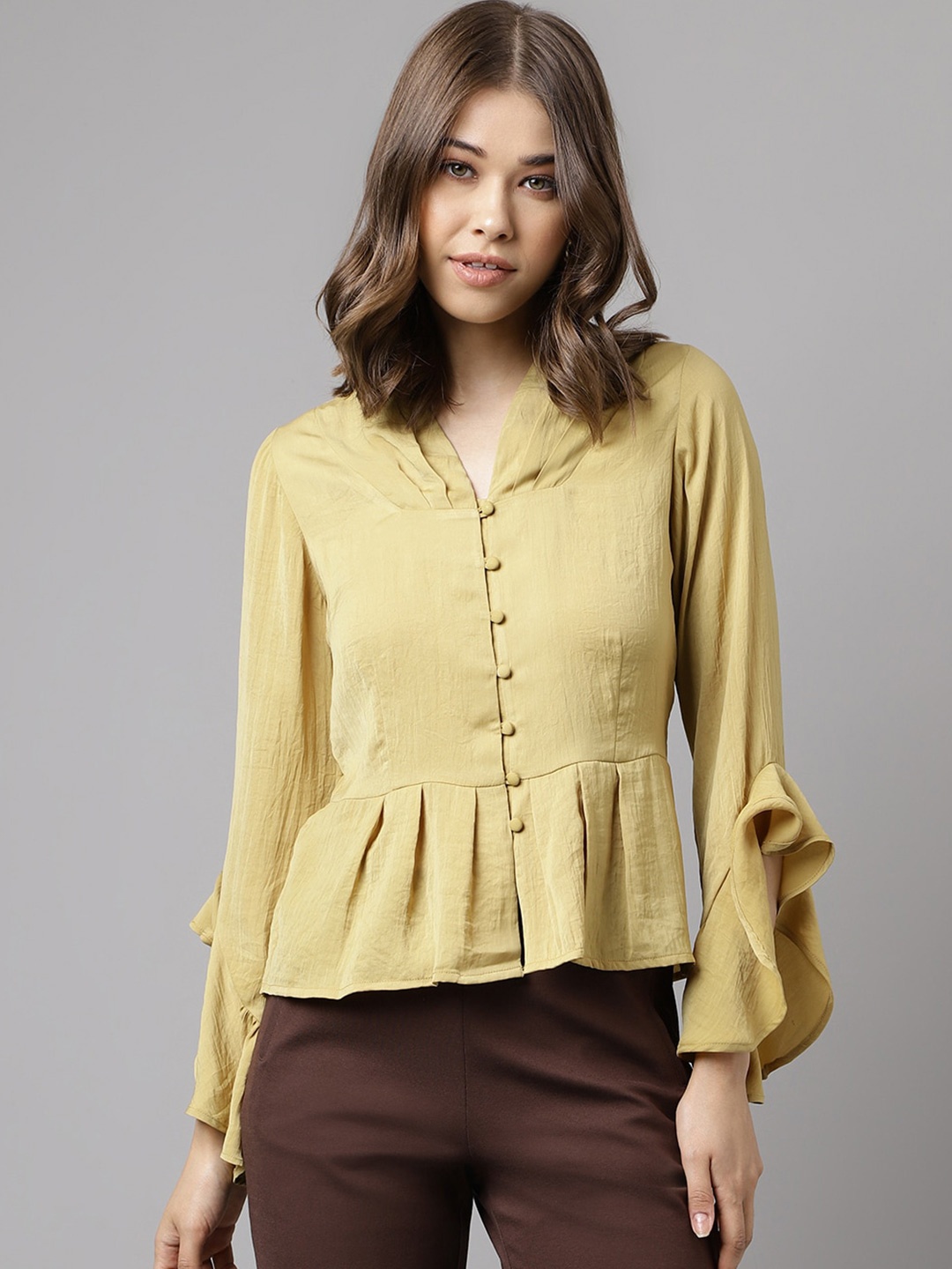 

Latin Quarters Mandarin Collar Bell Sleeve Peplum Top, Mustard
