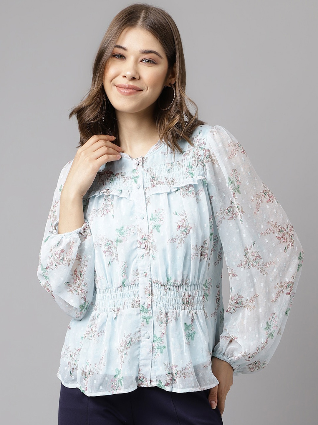 

Latin Quarters Floral Printed Puff Sleeve Ruffles Cinched Waist Top, Blue