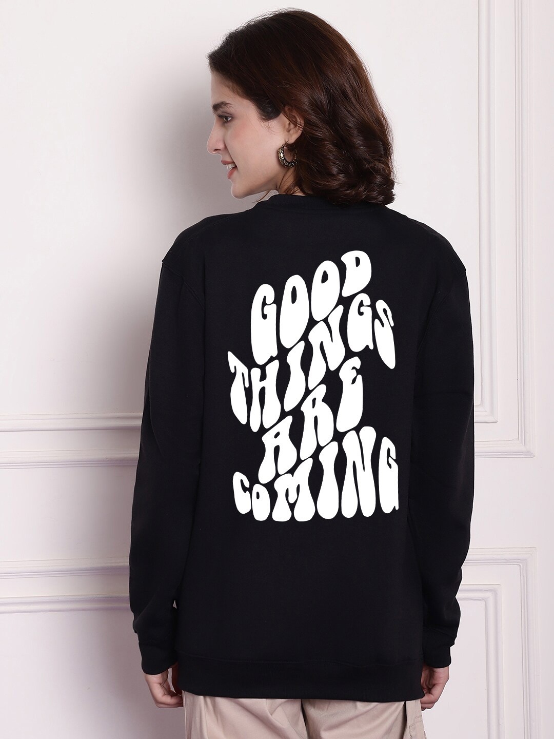 

Imsa Moda Typography Printed Fleece Longline Pullover Sweatshirt, Black