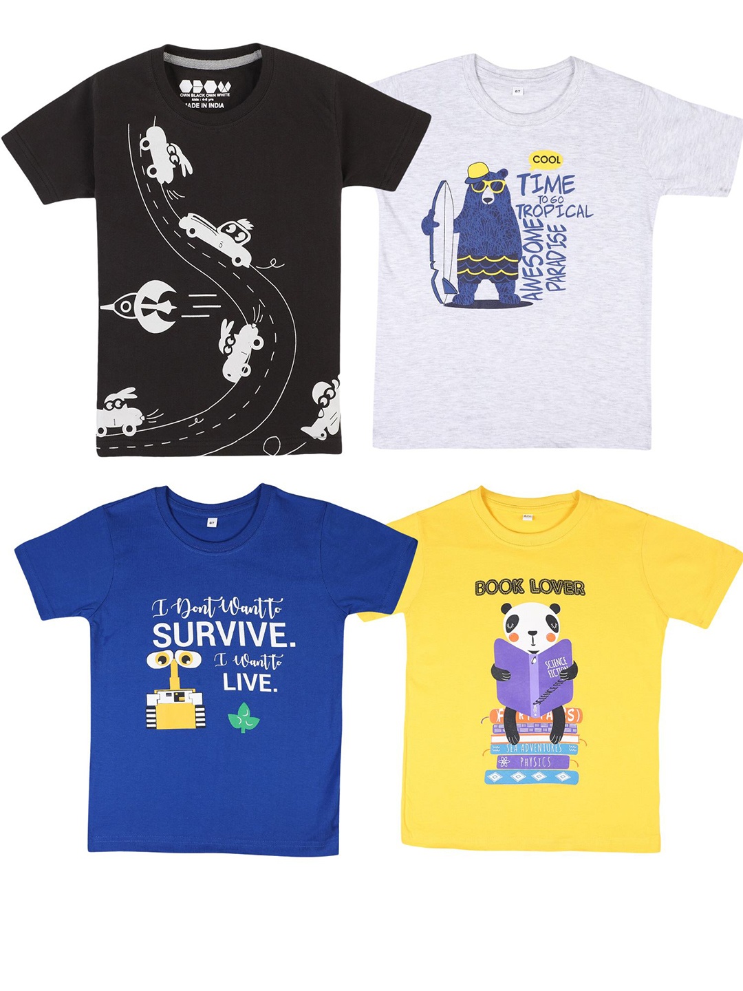 

OBOW Boys Pack Of 4 Graphic Printed Bio Finish Pure Cotton T-Shirts, White