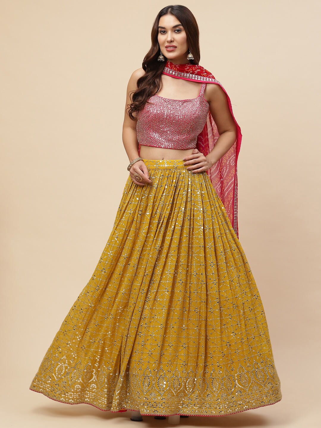 

FABPIXEL Yellow & Pink Embroidered Sequinned Semi-Stitched Lehenga & Unstitched Blouse With Dupatta