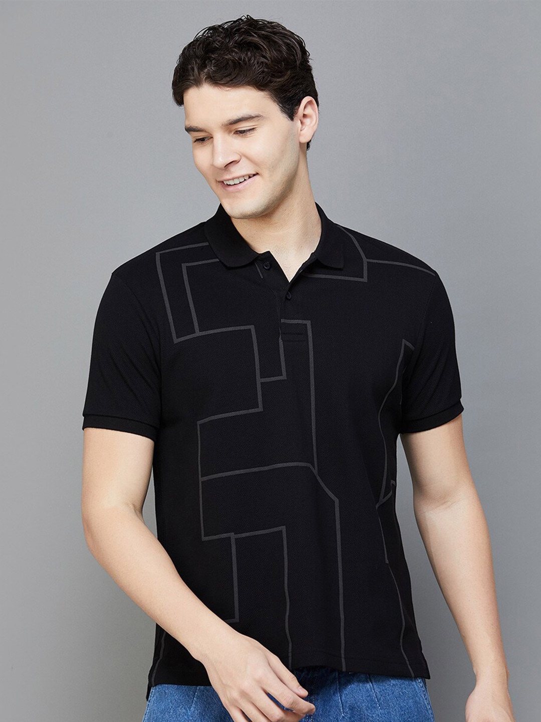 

Fame Forever by Lifestyle Geometric Printed Polo Collar Casual Knitted Cotton T-shirt, Black