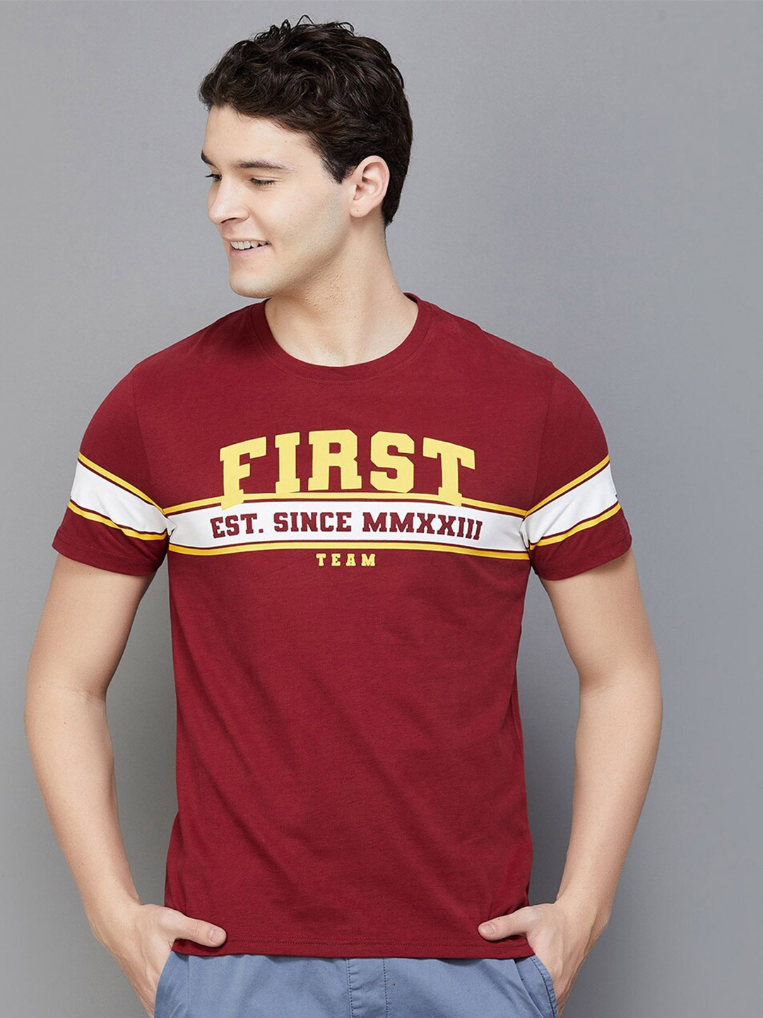 

Fame Forever by Lifestyle Typography Printed Round Neck Casual Knitted Cotton T-shirt, Maroon