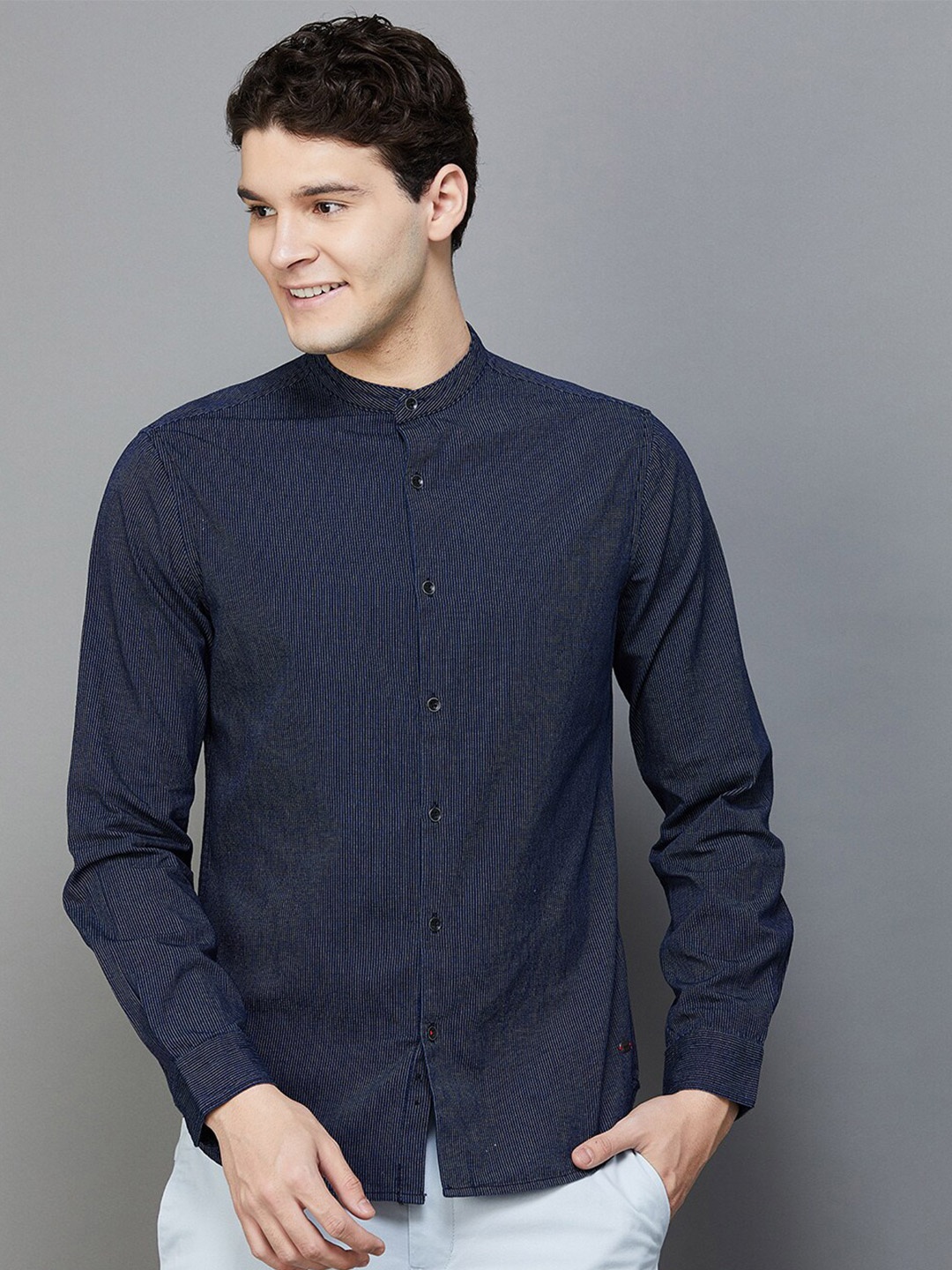 

Fame Forever by Lifestyle Band Collar Opaque Cotton Casual Shirt, Navy blue