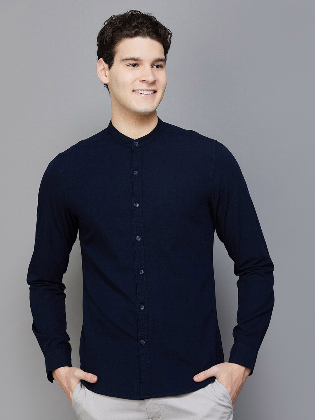 

Fame Forever by Lifestyle Band Collar Opaque Casual Shirt, Navy blue