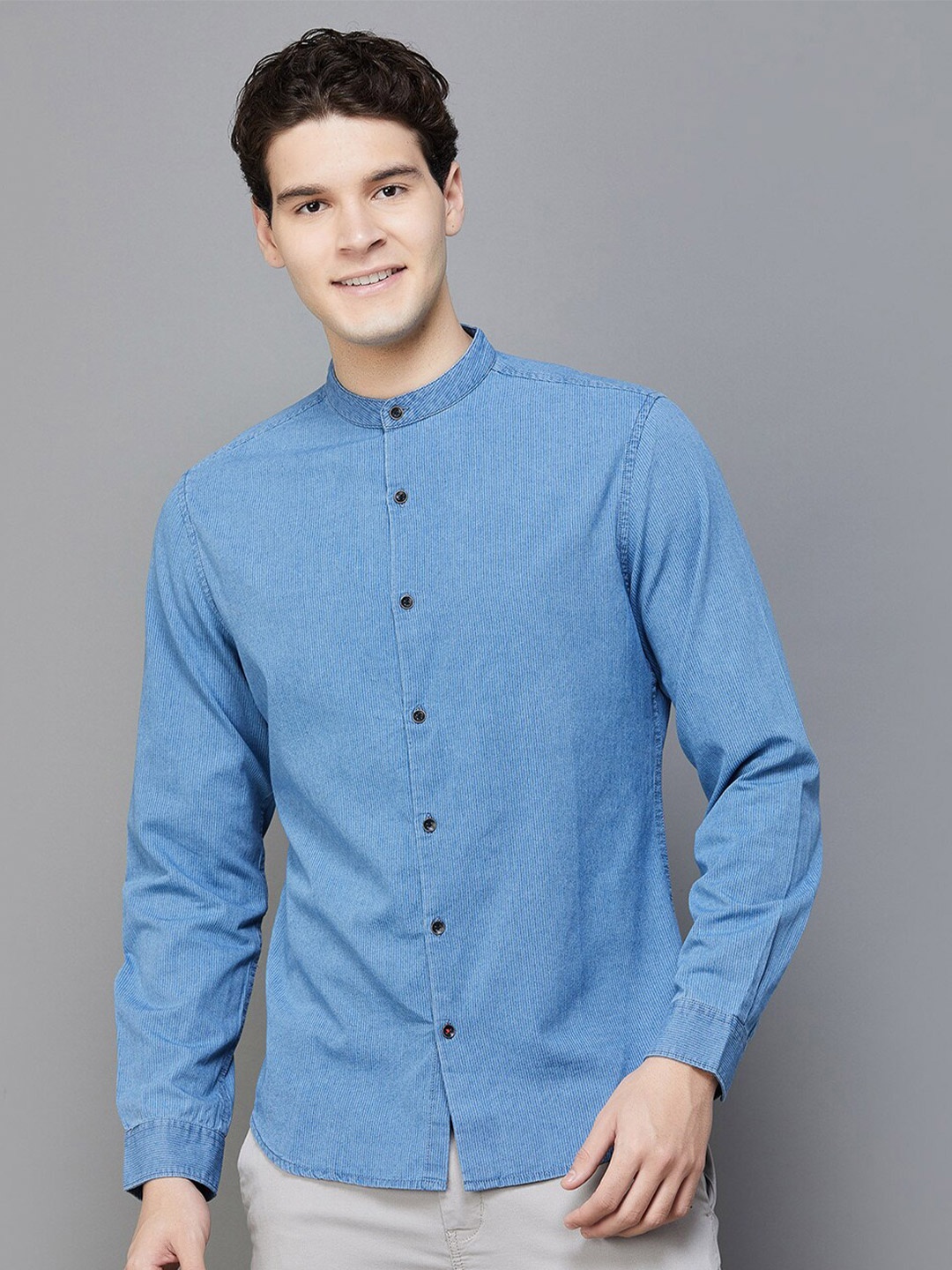 

Fame Forever by Lifestyle Band Collar Opaque Cotton Casual Shirt, Blue