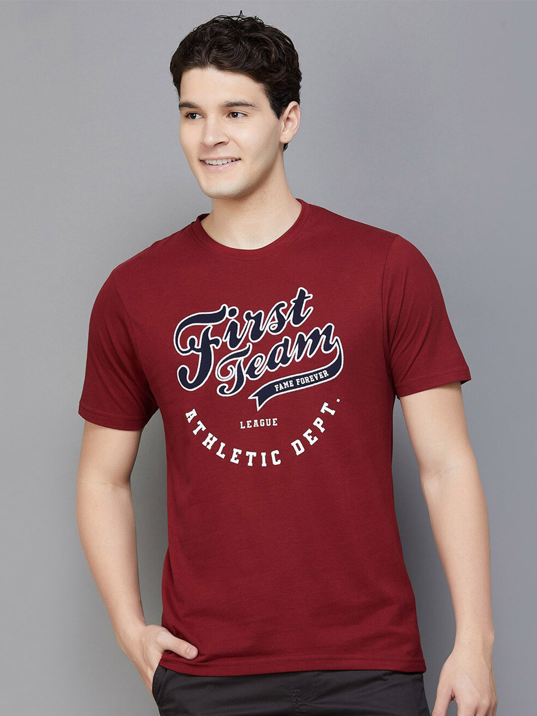 

Fame Forever by Lifestyle Typography Printed Round Neck Casual Knitted Cotton T-shirt, Maroon