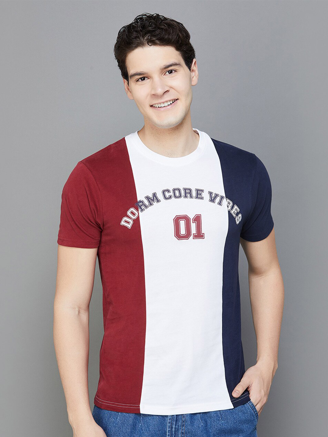 

Fame Forever by Lifestyle Colourblocked Round Neck Casual Knitted Cotton T-shirt, Maroon