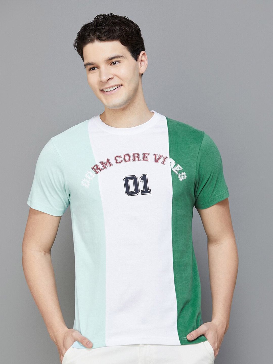 Fame Forever by Lifestyle Colourblocked Round Neck Casual Knitted Cotton T-shirt, Blue