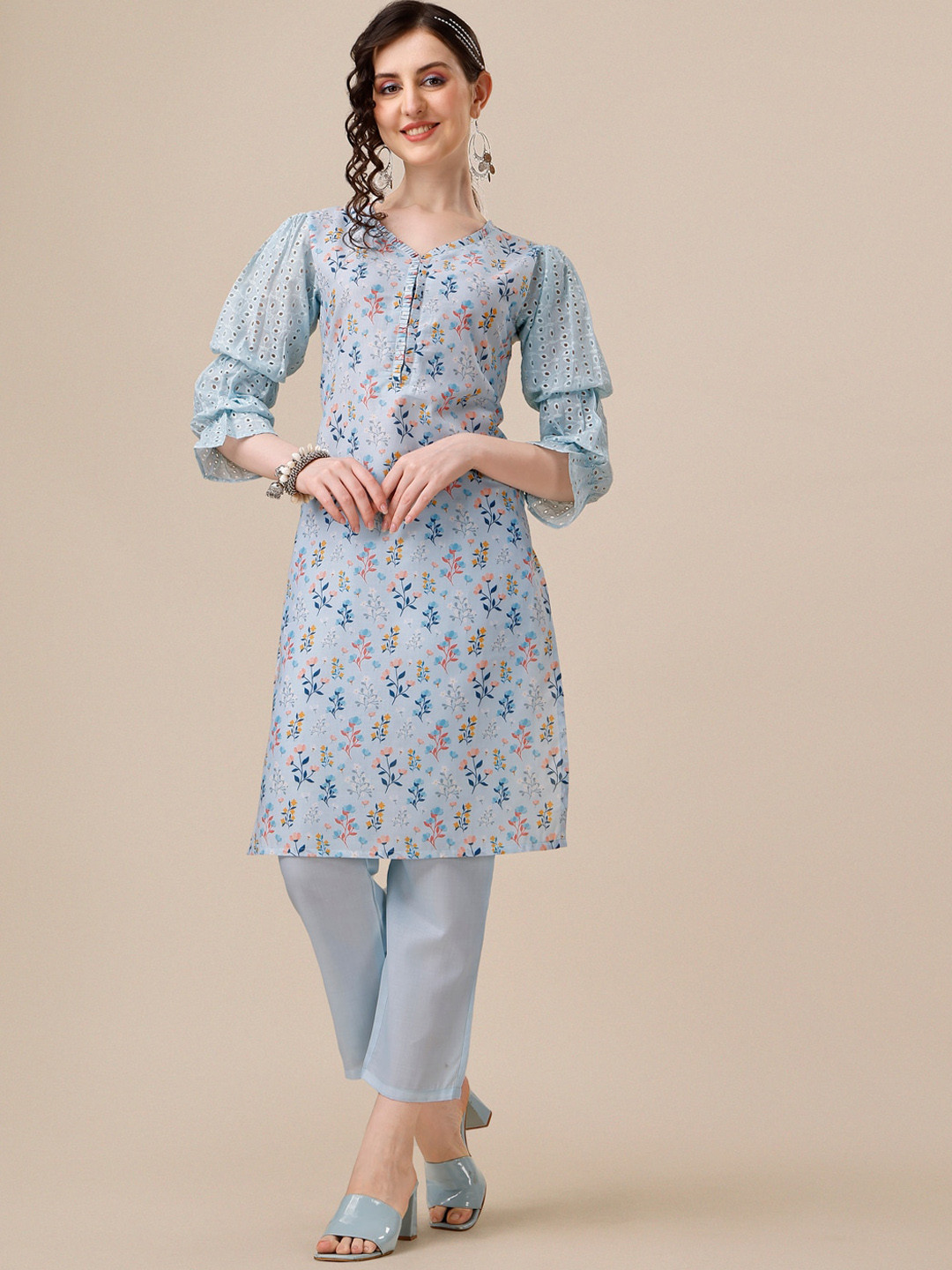

Sangria Floral Printed Cotton Straight Schiffli Cotton Kurta With Trouser, Blue