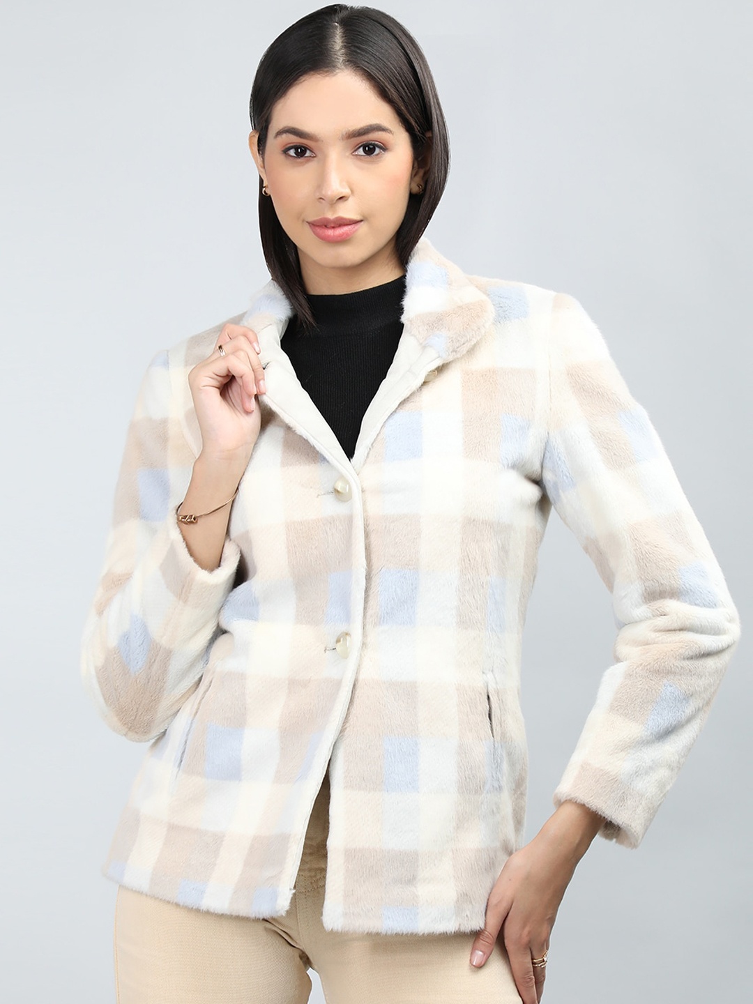 

LURE URBAN Checked Spread Collar Single-Breasted Woollen Overcoat, Cream