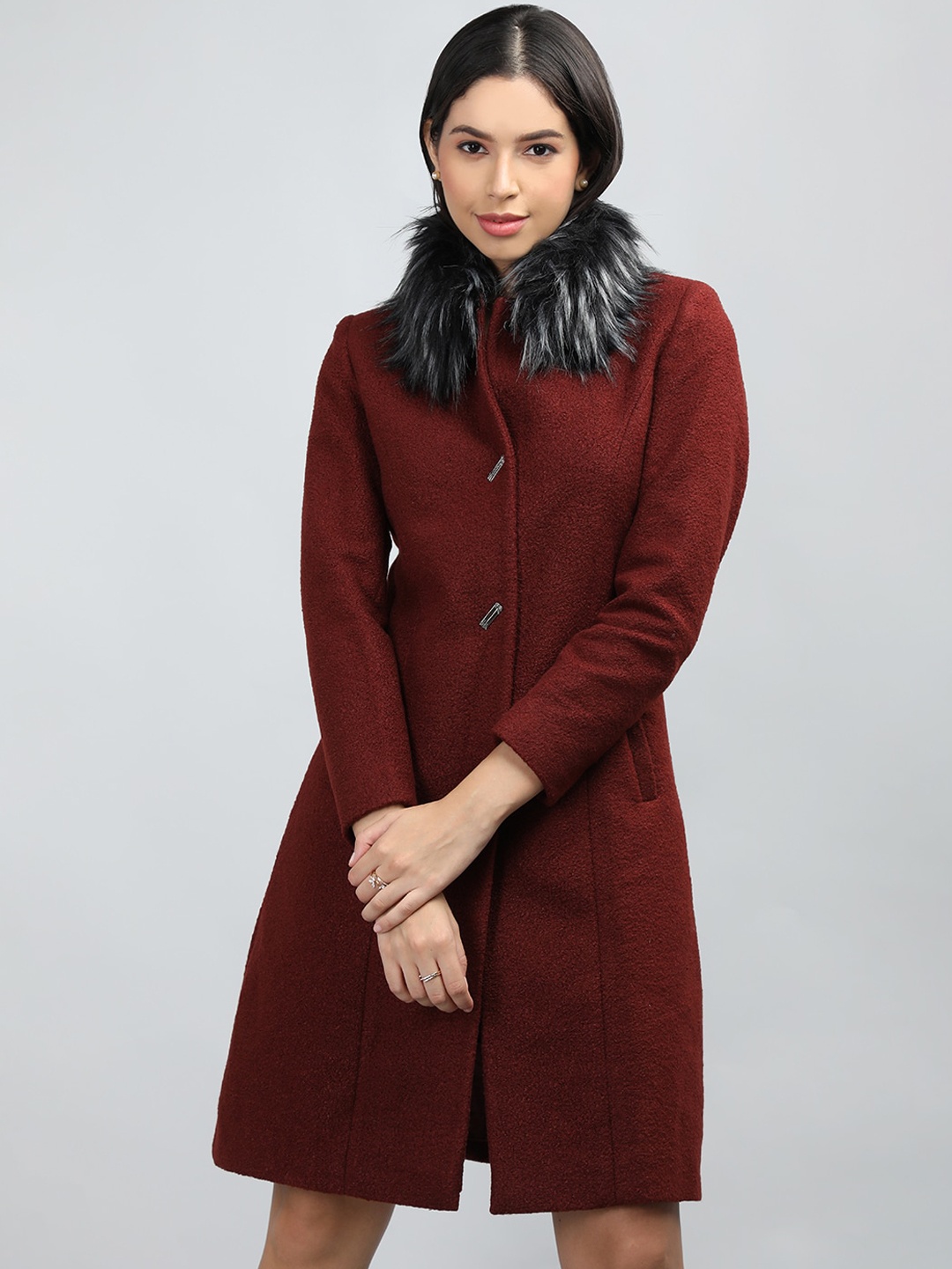 

LURE URBAN Spread Collar Single-Breasted Woollen Overcoat, Maroon