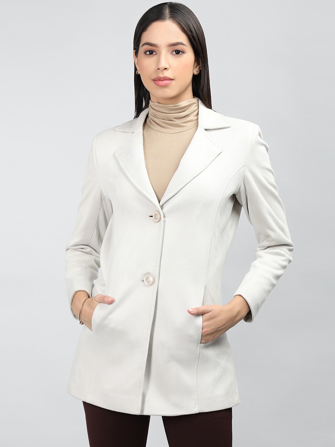 

LURE URBAN Notched Lapel Collar Single-Breasted Woollen Overcoat, Off white