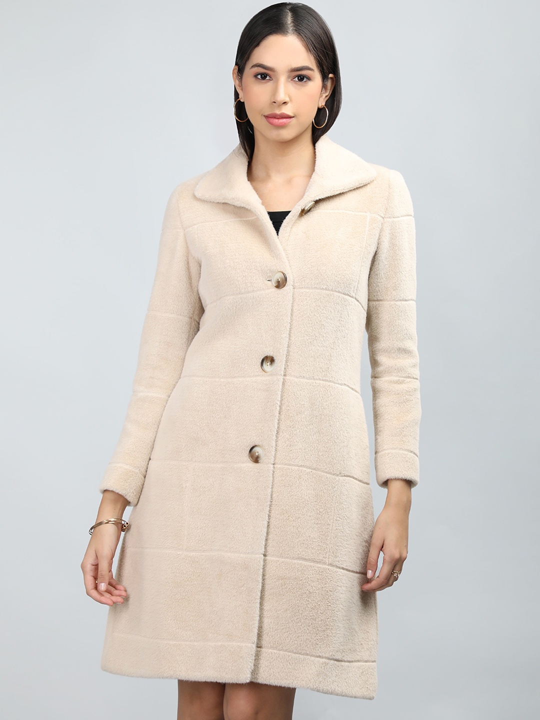 

LURE URBAN Spread Collar Single-Breasted Woollen Overcoat, Beige