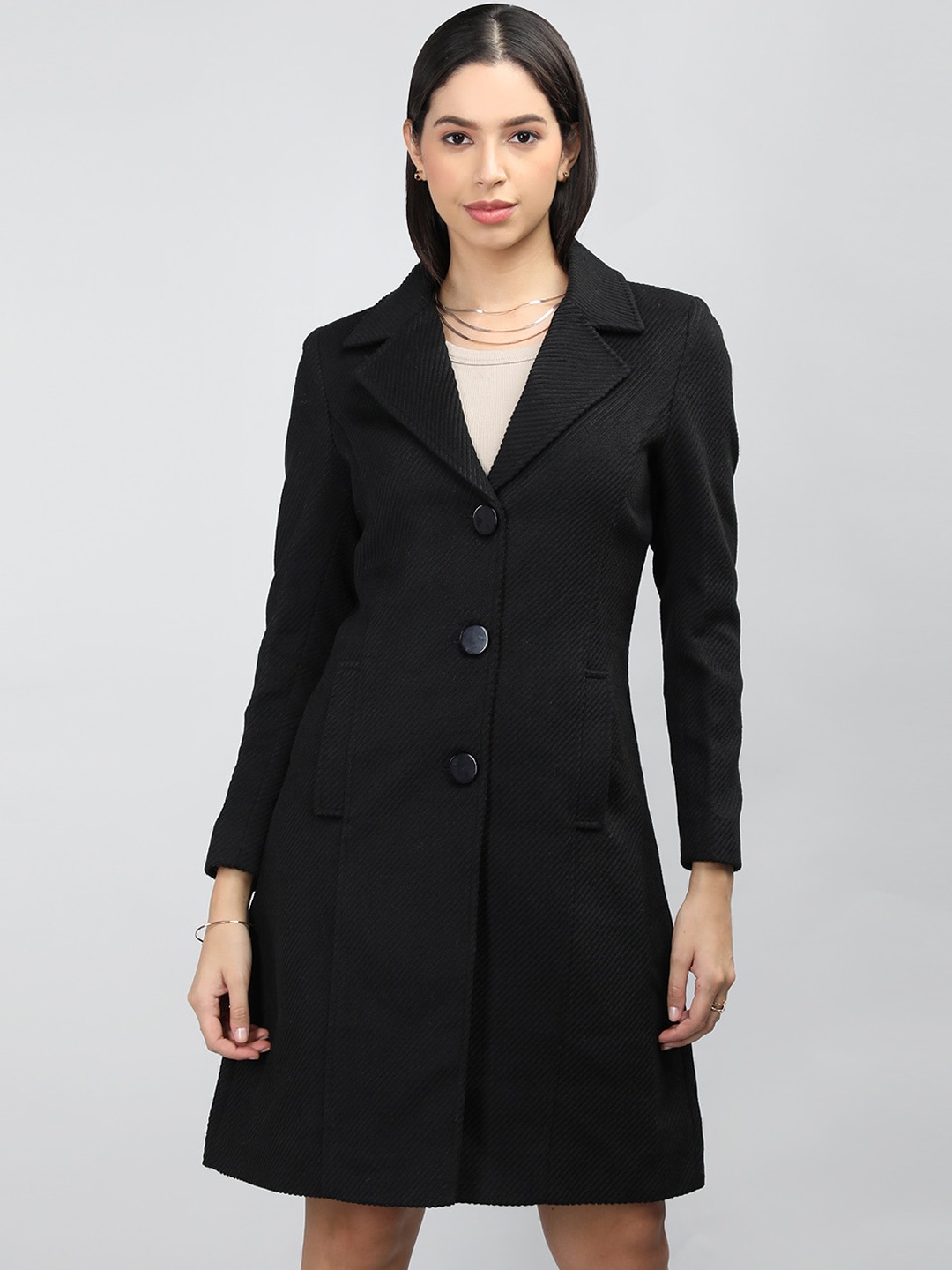 

LURE URBAN Notched Lapel Collar Single-Breasted Woollen Overcoat, Black