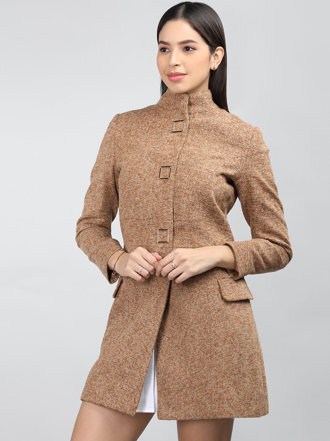 

LURE URBAN Self Design Woolen Single-Breasted Overcoat, Brown