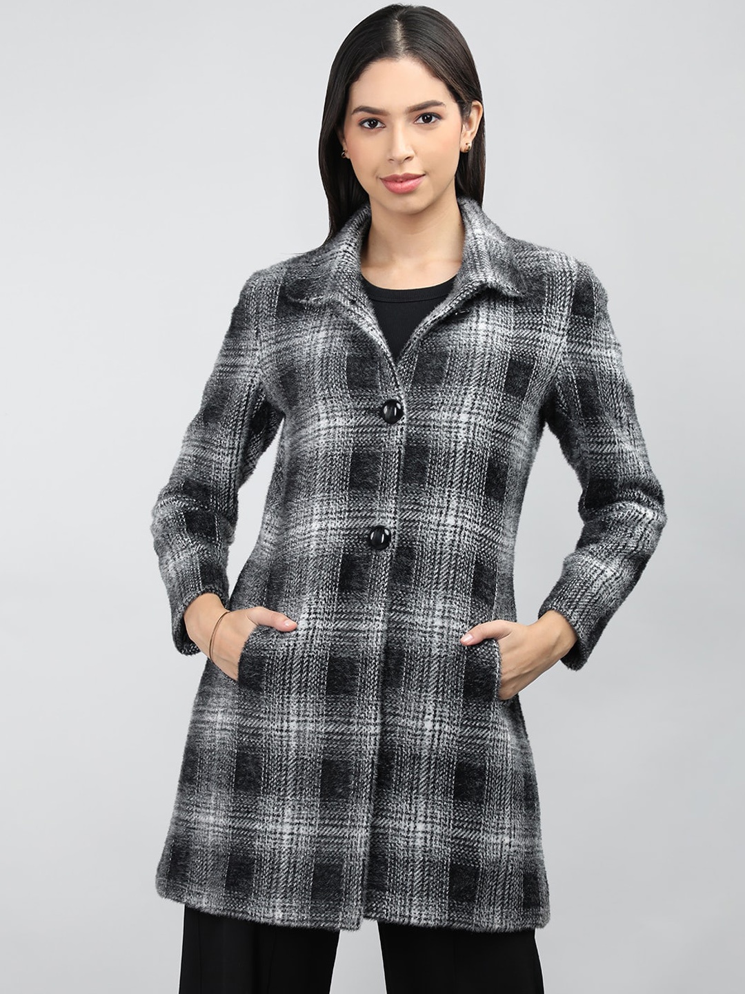 

LURE URBAN Checked Regular Fit Woolen Single-Breasted Overcoat, Black