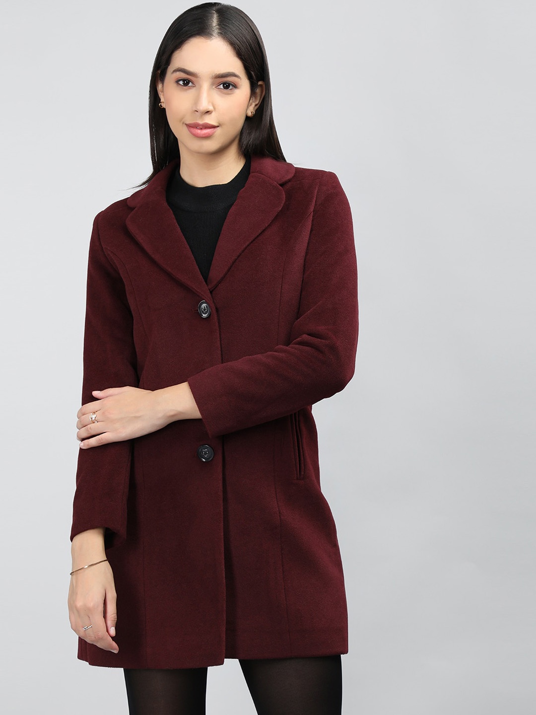 

LURE URBAN Notch Lapel Collar Regular Fit Woolen Single-Breasted Overcoat, Maroon