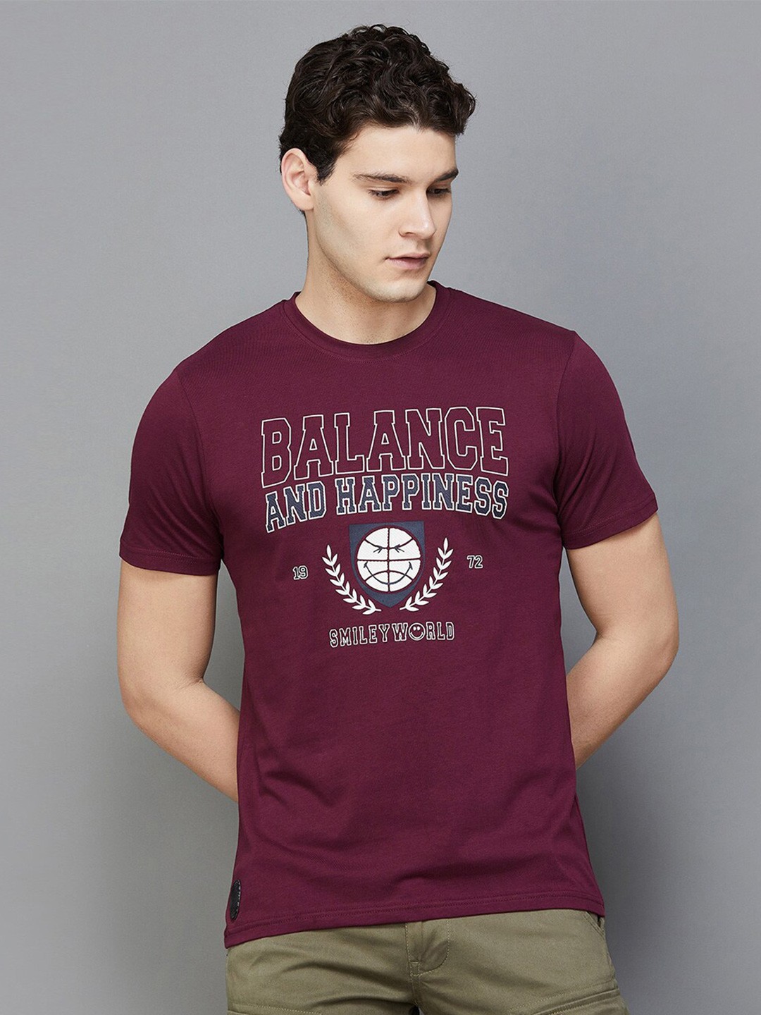 

SmileyWorld Typography Printed Cotton T-shirt, Maroon