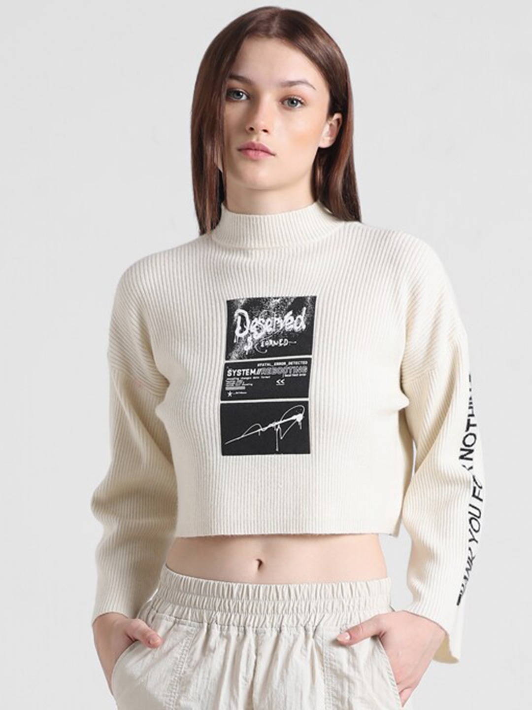 

ONLY Graphic Printed Crop Sweatshirt, Cream