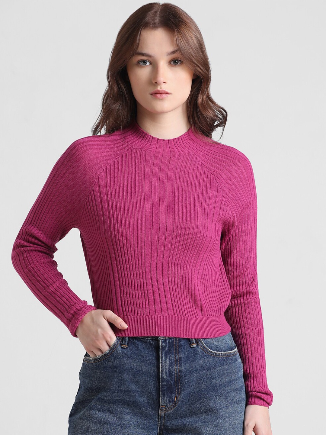 

ONLY Mock Collar Acrylic Ribbed Pullover, Purple