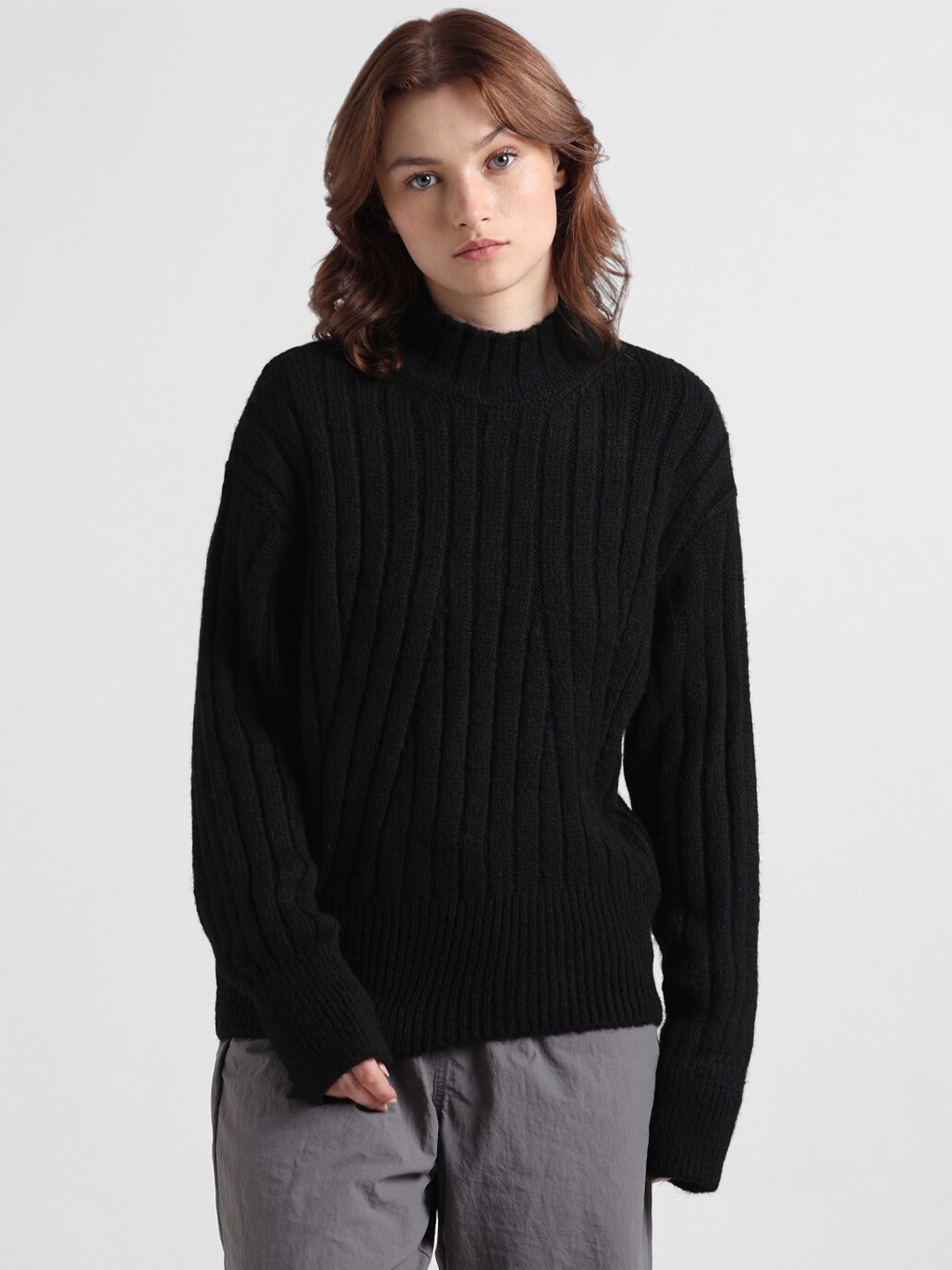 

ONLY Turtle Neck Cable Knit Pullover, Black