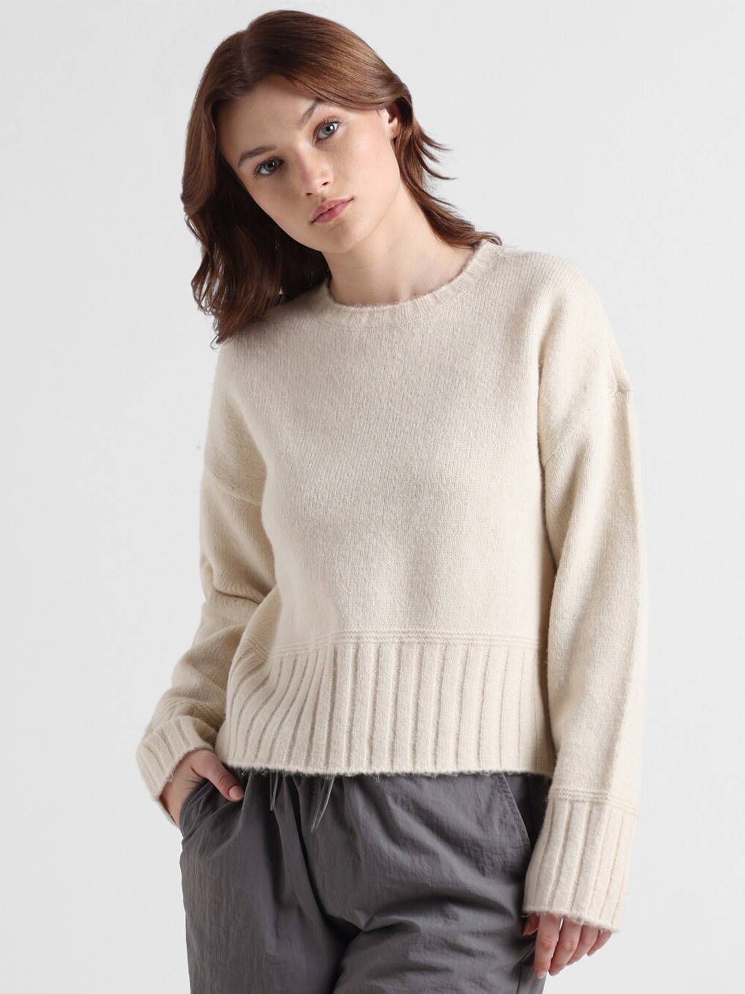 

ONLY Round Neck Knitted Pullover, Cream