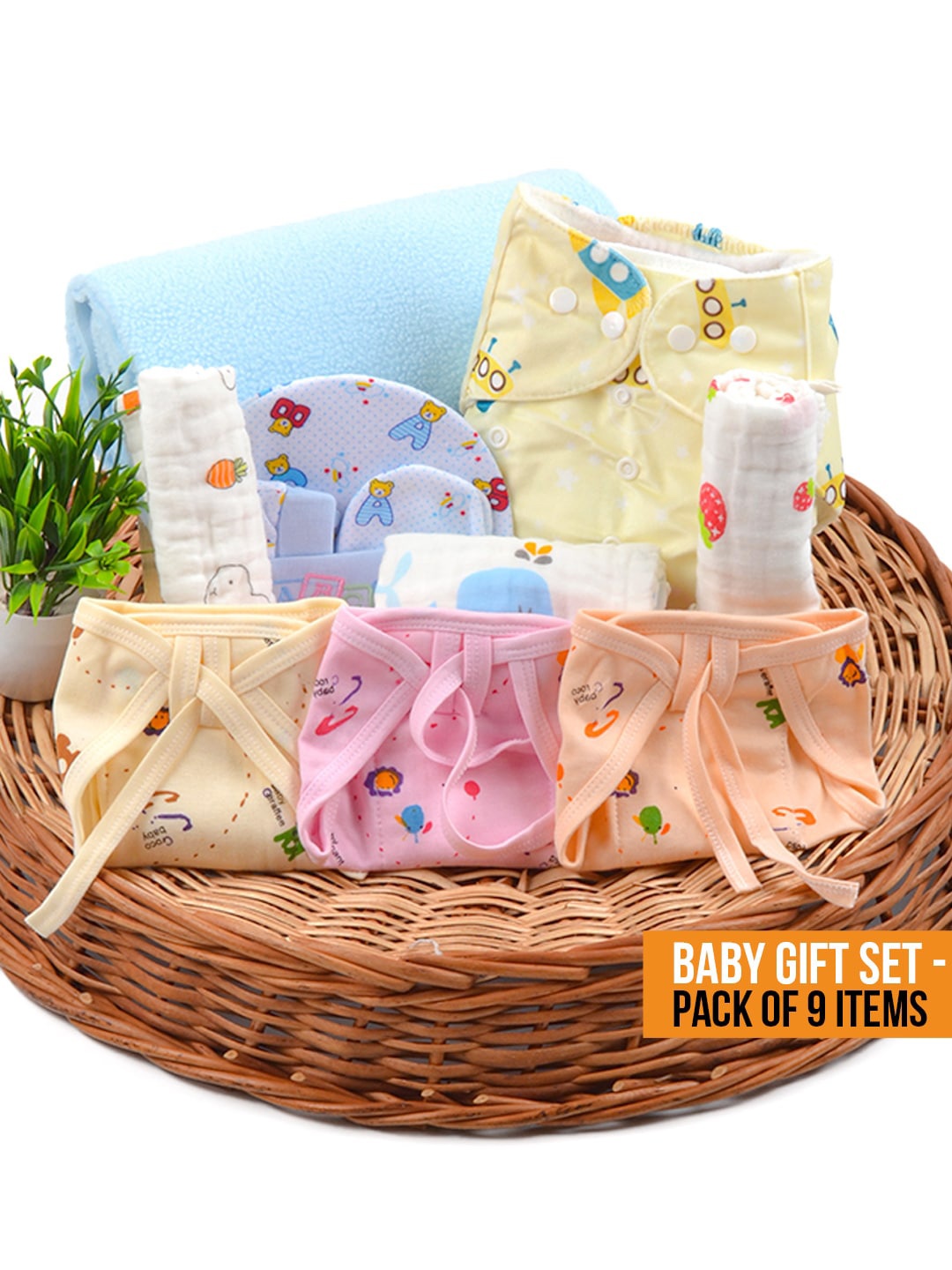 

Moms Home Infants Set Of 9 Printed Organic Cotton Baby Diaper Gift Set, Yellow