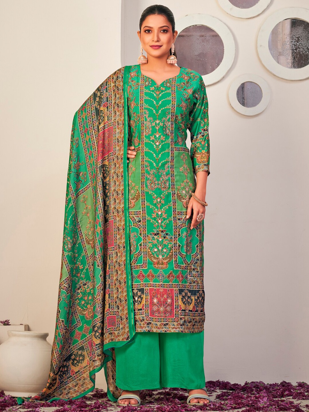 

Stylee LIFESTYLE Ethnic Motifs Printed Pure Silk Unstitched Dress Material, Green